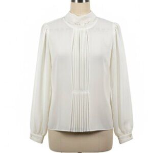 Vintage Glances Blouse M Cream Lace High Neck Pleated Puffy Sleeve Secretary